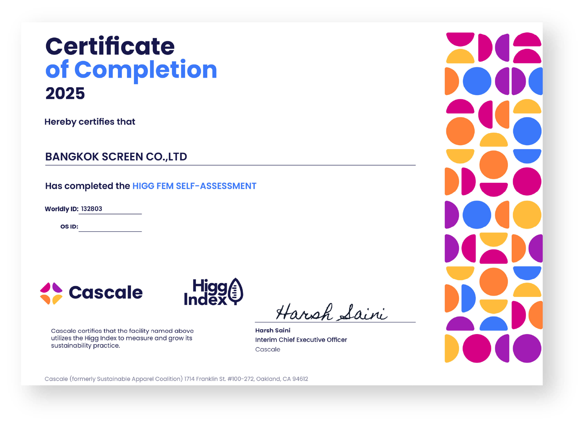 Higg FEM 2025 Certificate of Completion